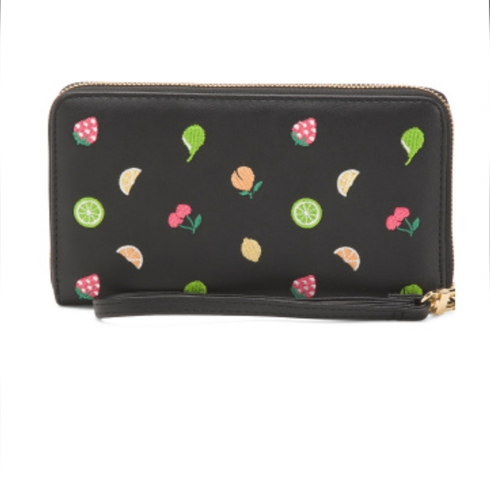 NEW NWT Betsey Johnson Black Wristlet with Fruit Embroidery